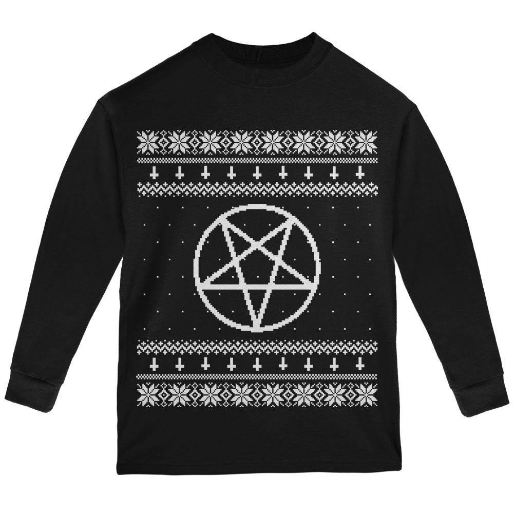 White Satanic Pentagram Ugly Christmas Sweater Black Youth Long Sleeve T-Shirt Youth Long Sleeves Old Glory LG Black 