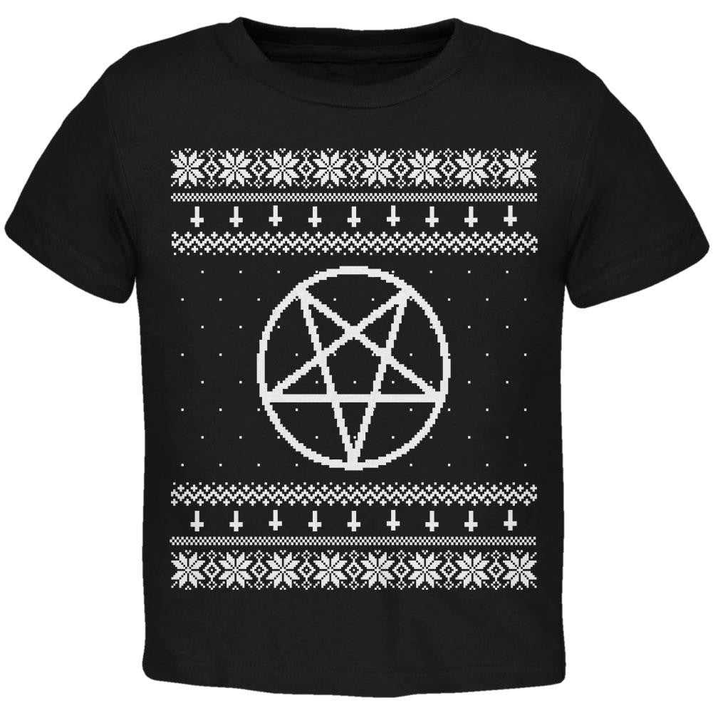 White Satanic Pentagram Ugly Christmas Sweater Black Toddler T-Shirt Toddler T-Shirts Old Glory 2T Black 