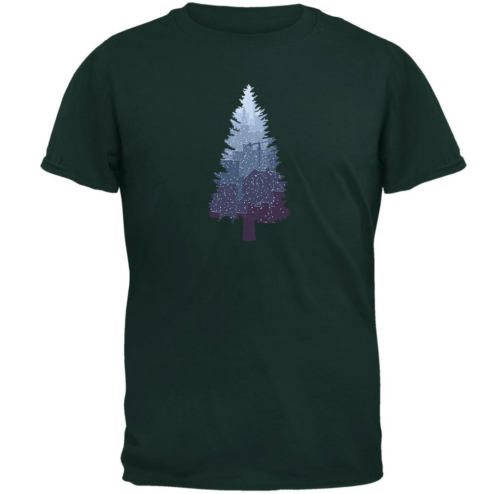 Christmas Tree Snowy City Forest Adult T-Shirt Men's T-Shirts Old Glory 2XL Green 