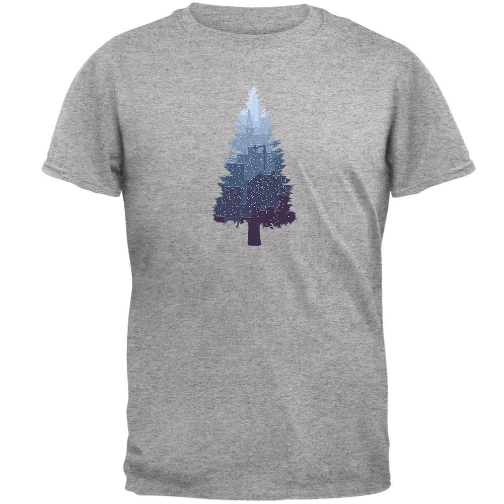 Christmas Tree Snowy City Heather Grey Adult T-Shirt Men's T-Shirts Old Glory 2XL Grey 