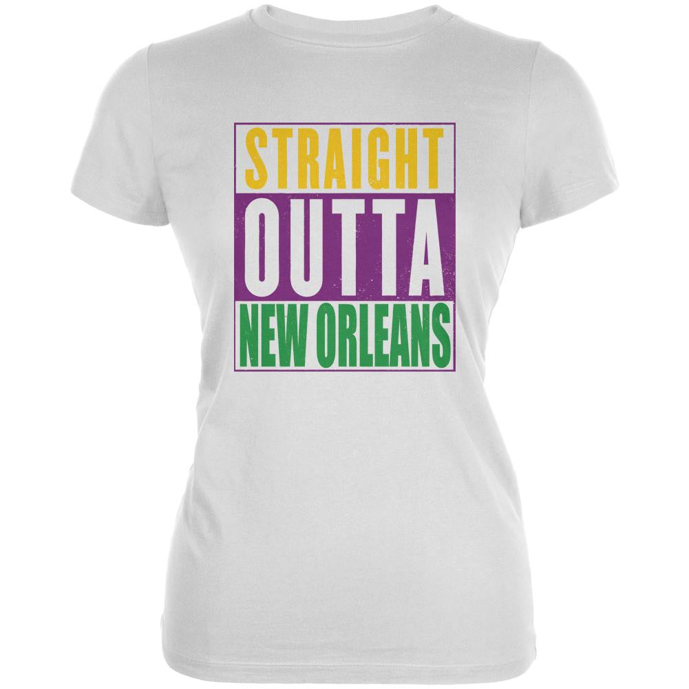 Mardi Gras Straight Outta New Orleans White Juniors Soft T-Shirt Juniors T-Shirts Old Glory 2XL White 