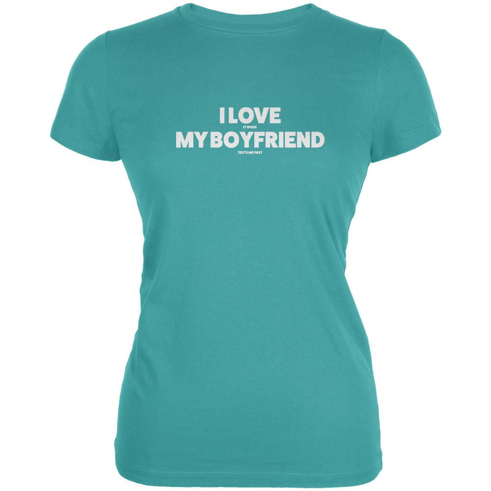 Valentine's I Love My Boyfriend Text First Sea Blue Juniors Soft T-Shirt Juniors T-Shirts Old Glory LG Blue 