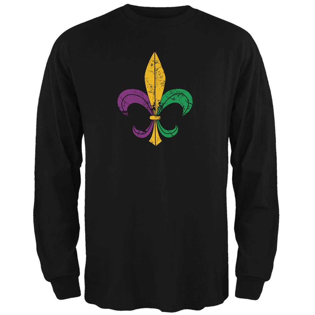 Mardi Gras Fleur De Lis Distressed Black Adult Long Sleeve T-Shirt Men's Long Sleeves Old Glory 2XL Black 