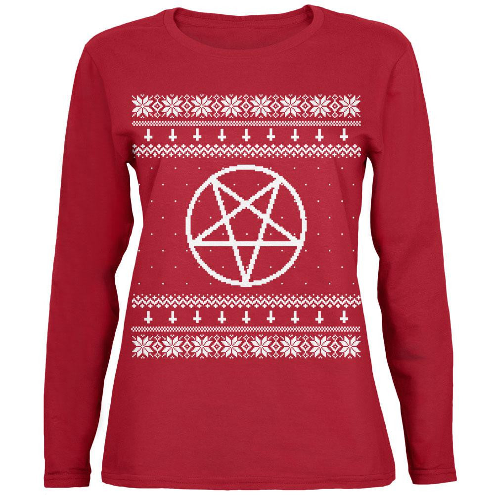 White Satanic Pentagram Ugly Christmas Sweater Red Womens Long Sleeve T-Shirt Women's Long Sleeves Old Glory 2XL Red 