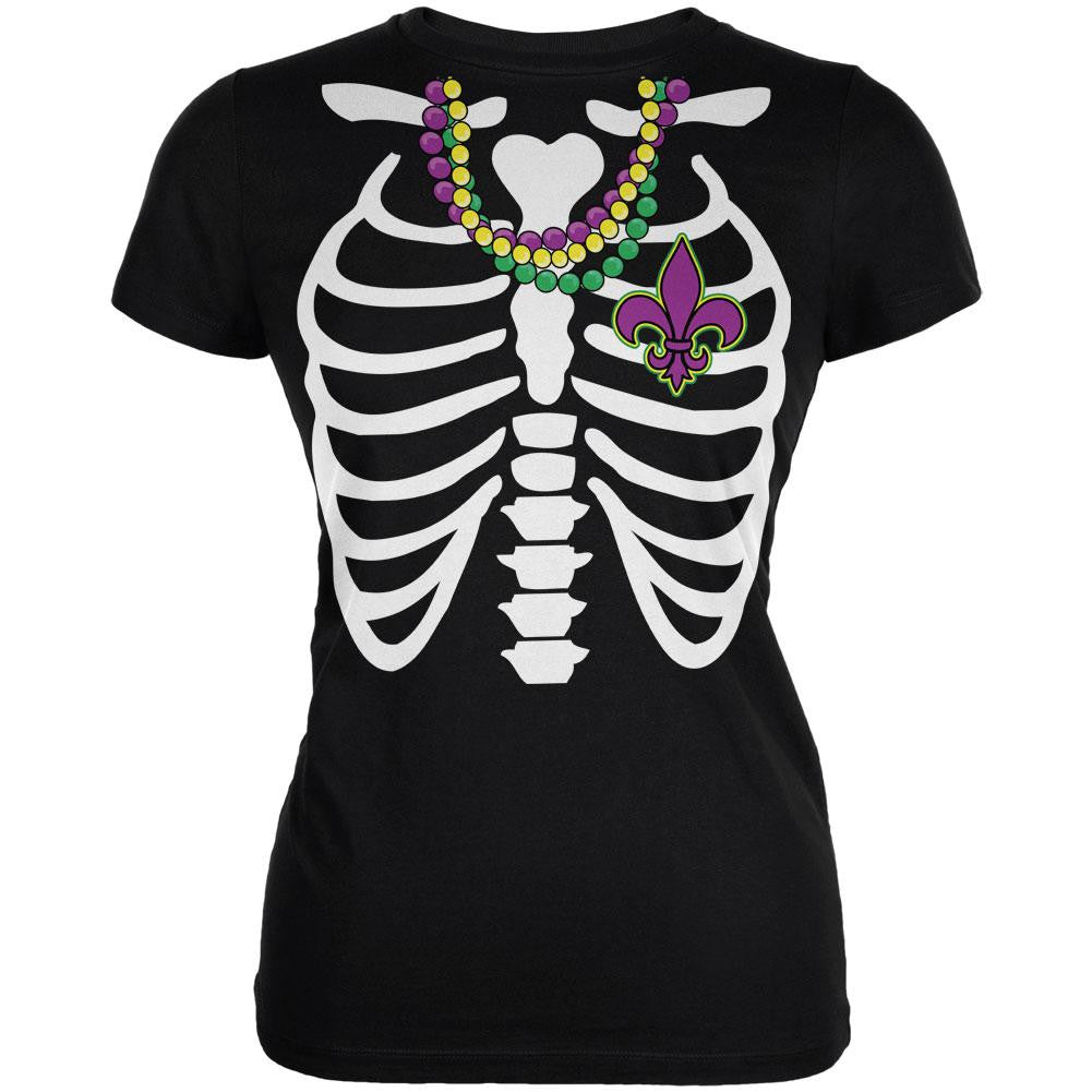 Mardi Gras Skeleton Fleur-de-lis Heart Black Juniors Soft T-Shirt Juniors T-Shirts Old Glory 2XL Black 