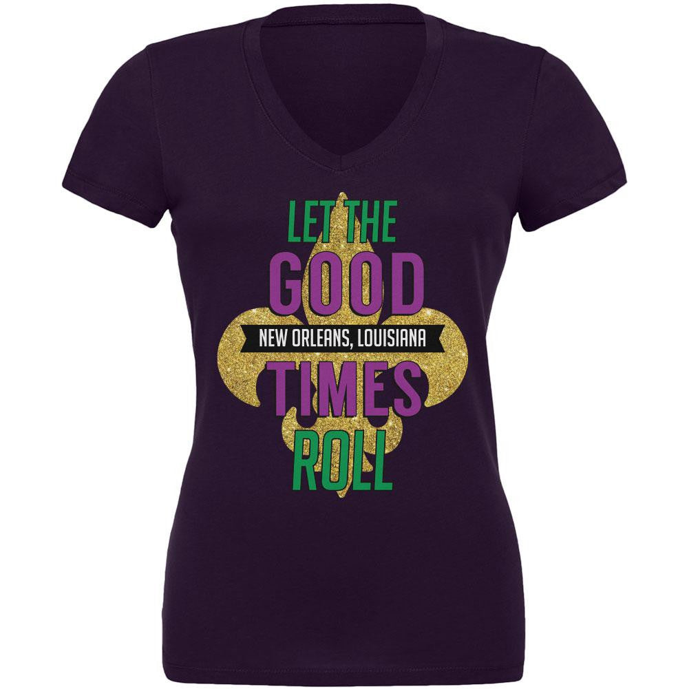 Mardi Gras Let the Good Times Roll Plum Juniors V-Neck T-Shirt Juniors V-Neck T-Shirts Old Glory 2XL Purple 