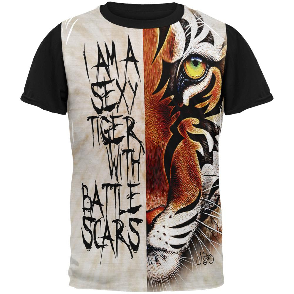 Sexy Tiger with Battle Scars Adult Black Back T-Shirt Men's T-Shirts Old Glory SM Multi 