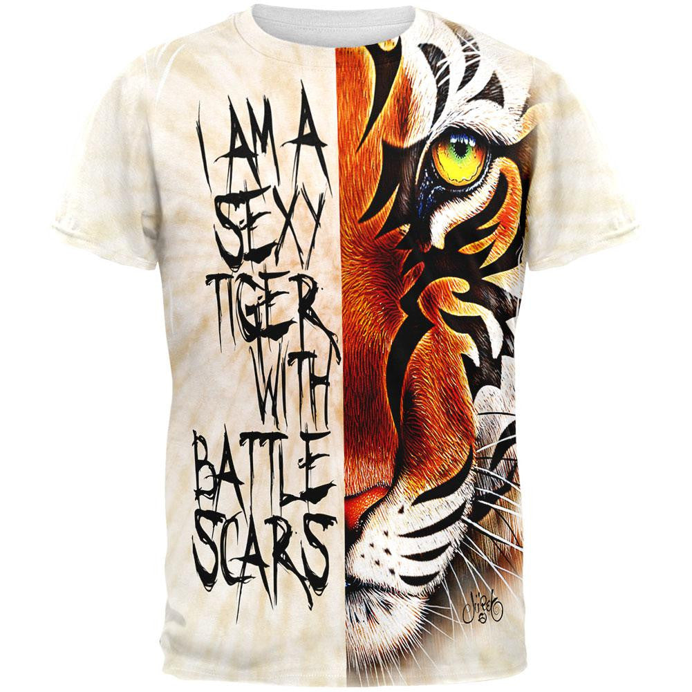 Sexy Tiger with Battle Scars All Over Adult T-Shirt Men's T-Shirts Old Glory 2XL Multi 