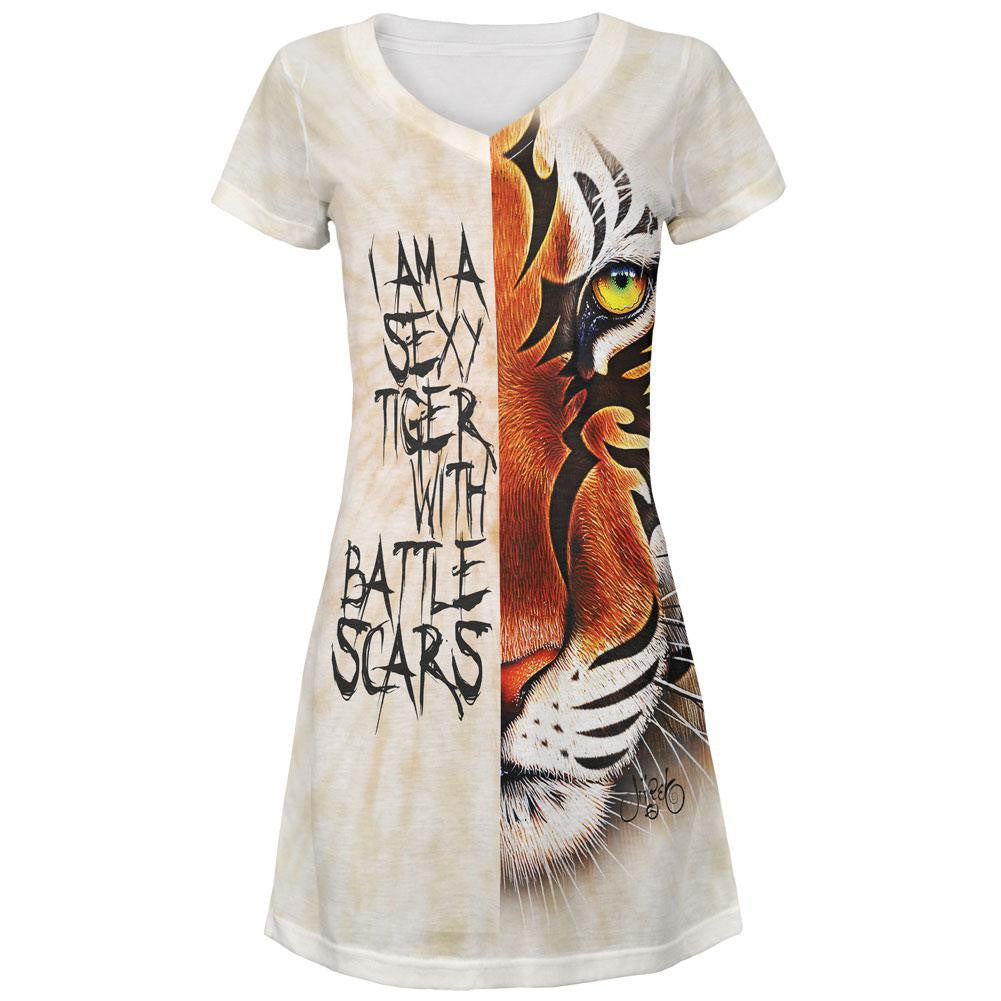 Sexy Tiger with Battle Scars All Over Juniors V-Neck Dress Juniors Dresses Old Glory LG Multi 