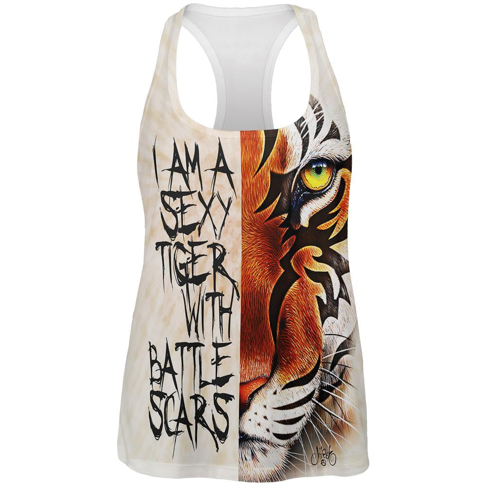 Sexy Tiger with Battle Scars All Over Womens Racerback Tank Top Women's Tank Tops Old Glory 2XL Multi 