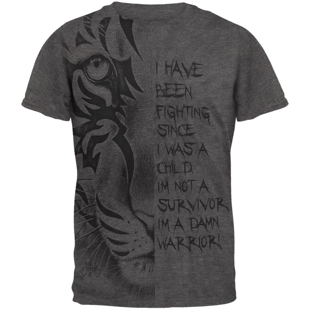 Child Warrior Survivor Inspiration Tiger All Over Dark Heather Soft Adult T-Shirt Men's T-Shirts Old Glory 2XL Grey 