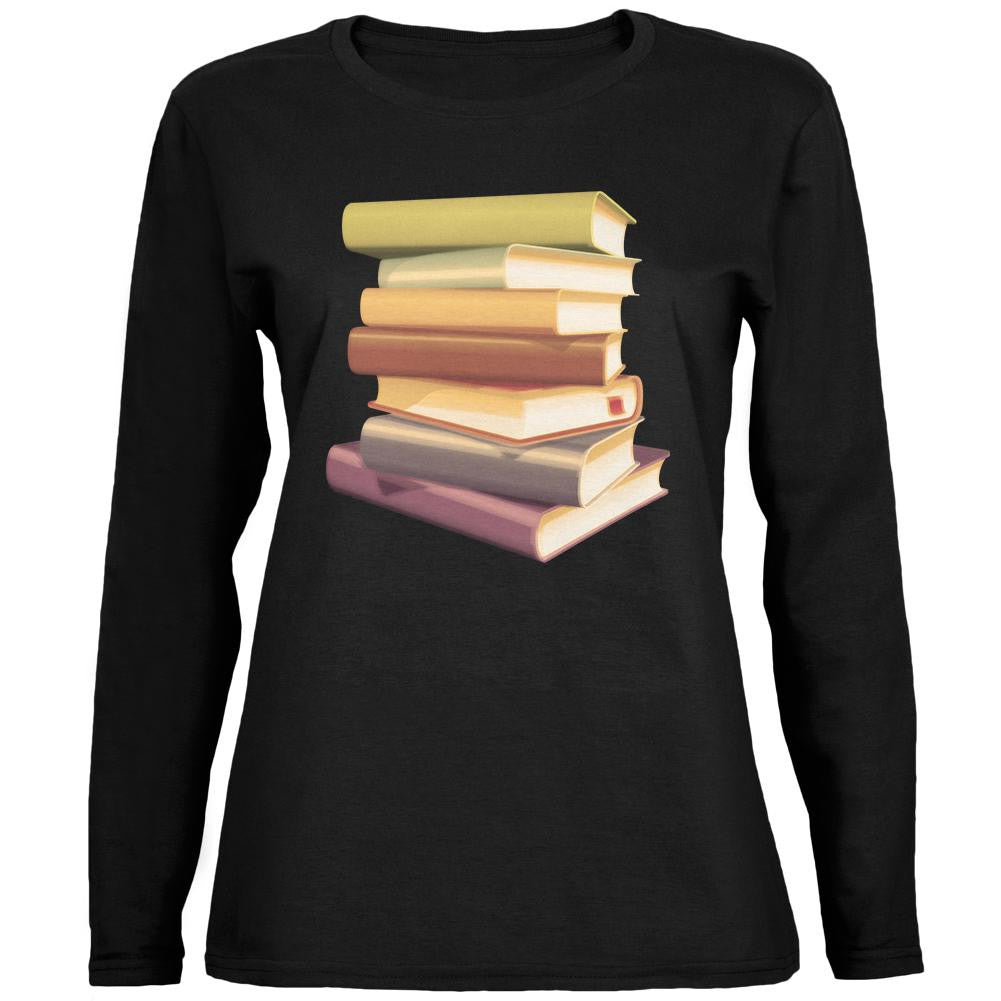 Book Collector Stack Black Womens Long Sleeve T-Shirt Women's Long Sleeves Old Glory SM Black 