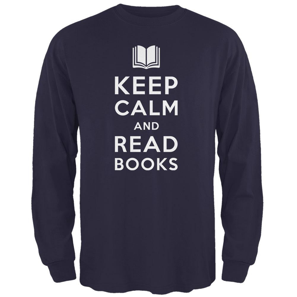 Keep Calm and Read Books Navy Adult Long Sleeve T-Shirt Men's Long Sleeves Old Glory SM Blue 