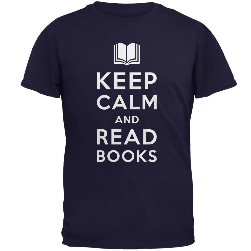 Keep Calm and Read Books Navy Adult T-Shirt Men's T-Shirts Old Glory SM Blue 
