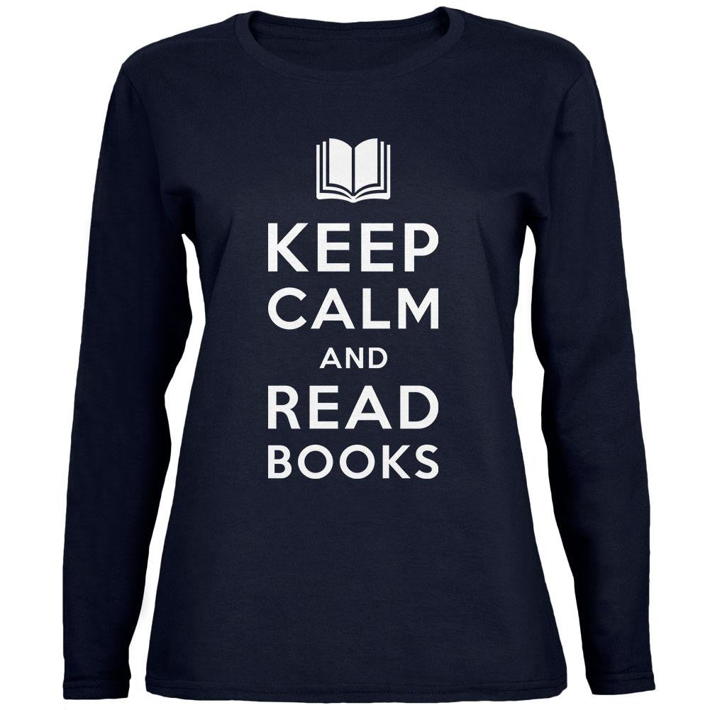 Keep Calm and Read Books Navy Womens Long Sleeve T-Shirt Women's Long Sleeves Old Glory SM Blue 