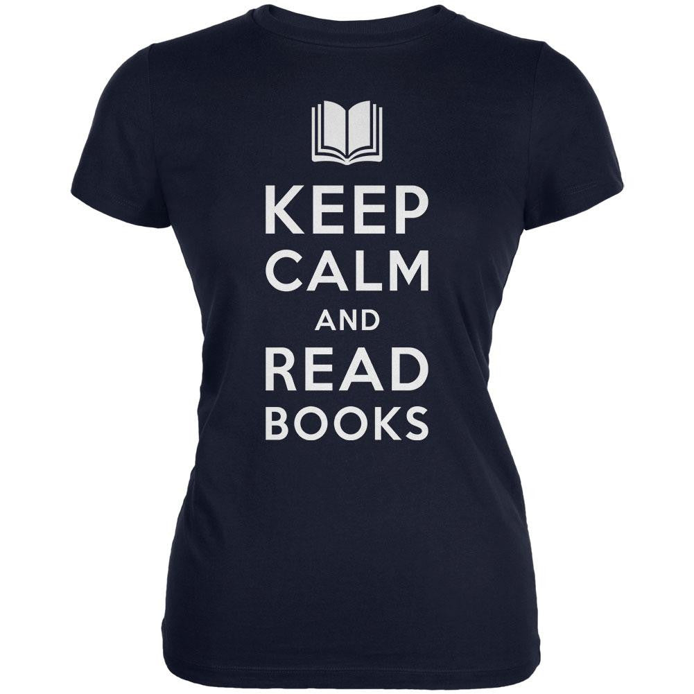 Keep Calm and Read Books Navy Juniors Soft T-Shirt Juniors T-Shirts Old Glory SM Blue 