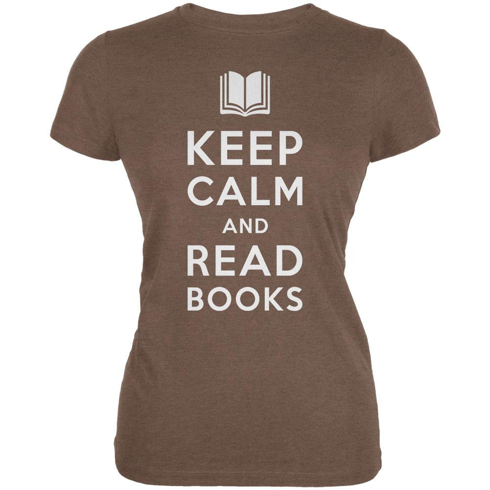 Keep Calm and Read Books Heather Brown Juniors Soft T-Shirt Juniors T-Shirts Old Glory SM Brown