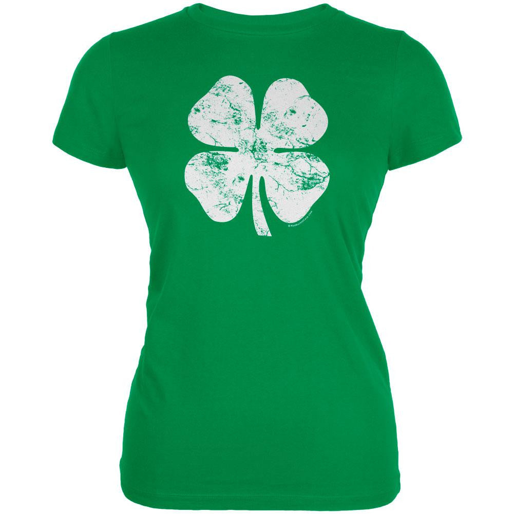 St. Patrick's Day Big White Shamrock Irish Green Juniors Soft T-Shirt Juniors T-Shirts Old Glory LG Green 