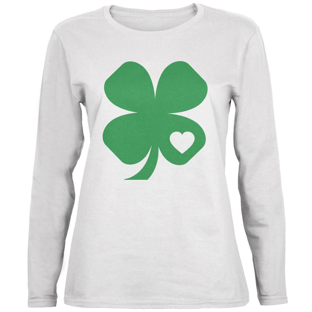 St. Patrick's Day Shamrock Heart White Womens Long Sleeve T-Shirt Women's Long Sleeves Old Glory   