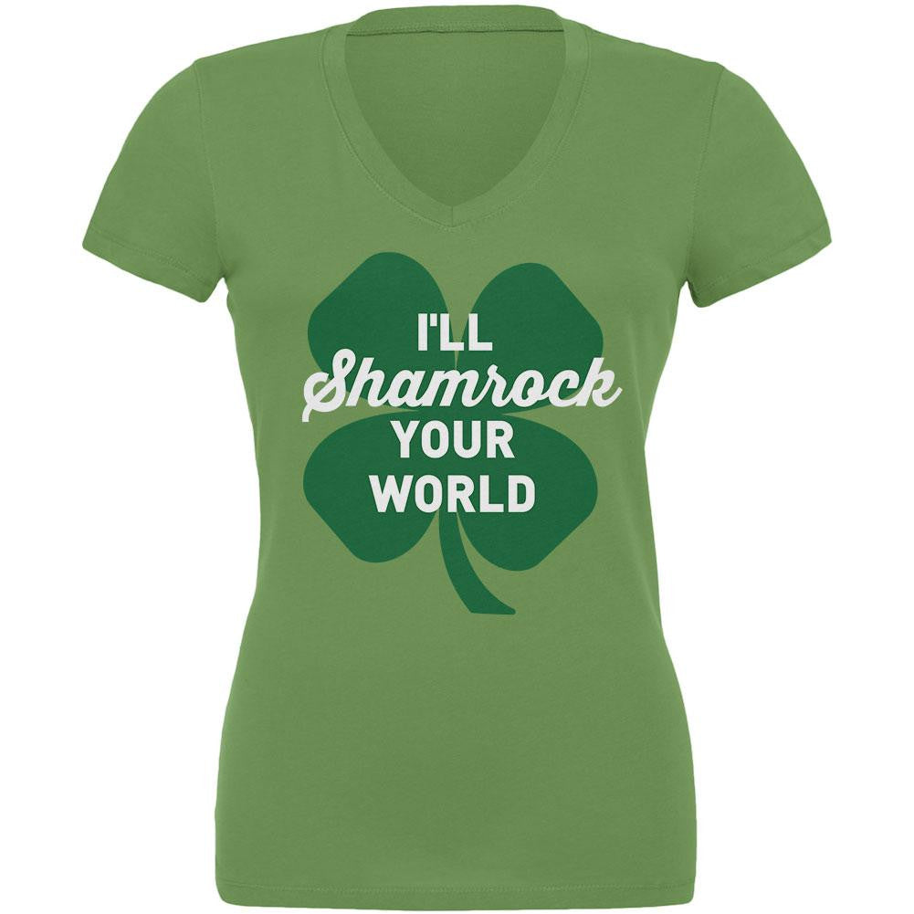 St Patricks Day Ill Shamrock Your World Leaf Juniors V-Neck T-Shirt Juniors V-Neck T-Shirts Old Glory   