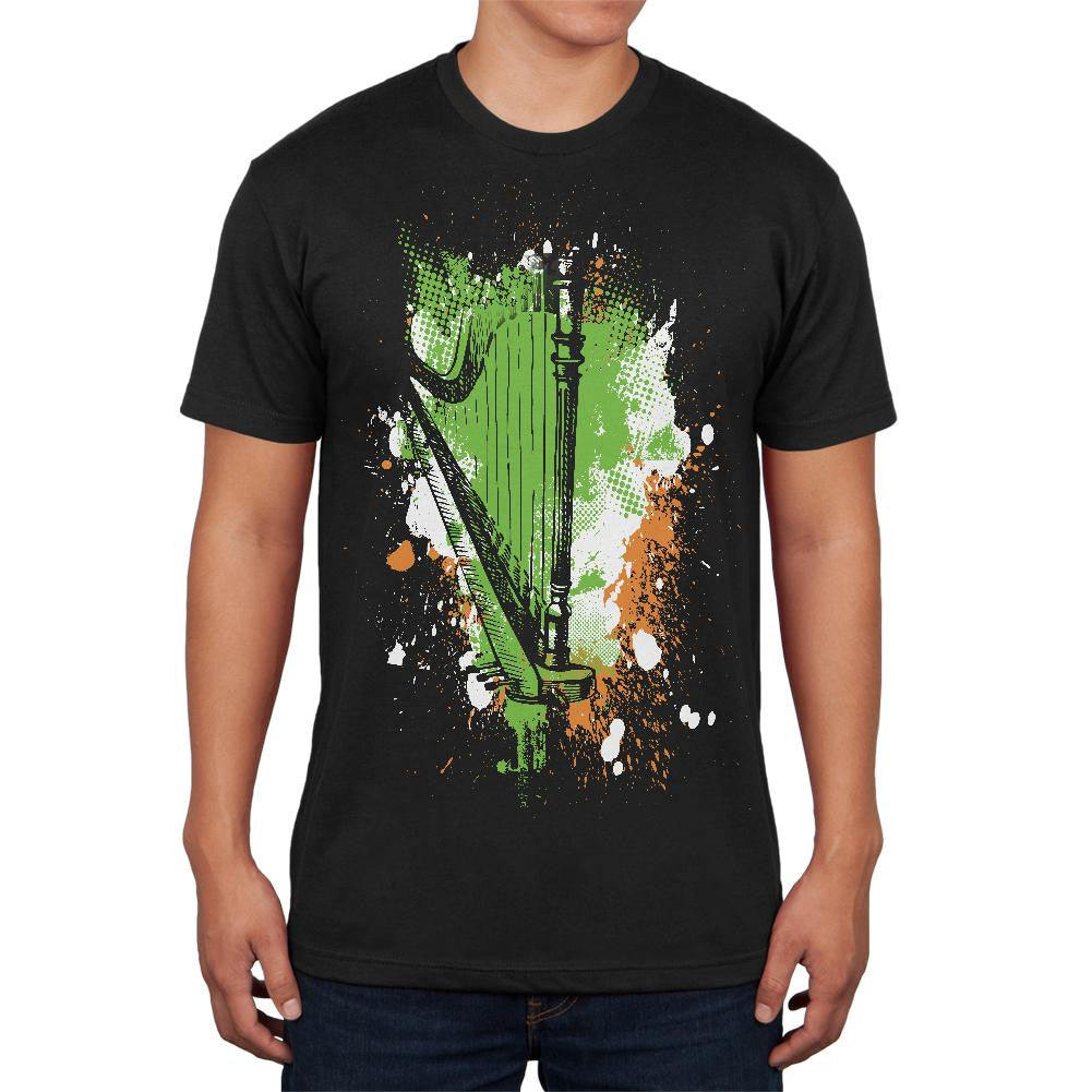 St Patricks Irish Harp Splatter Black Adult Soft T-Shirt Men's T-Shirts Old Glory 2XL Black 