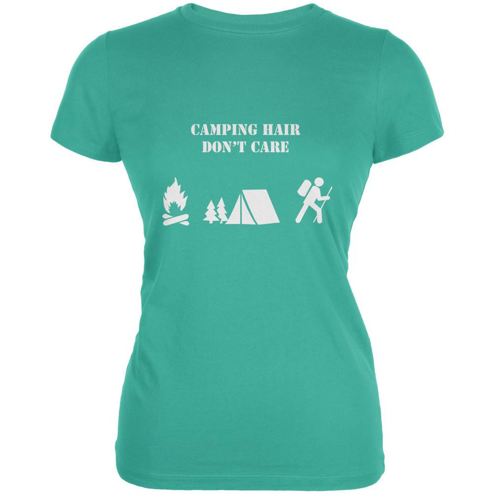 Camping Hair Don't Care Teal Juniors Soft T-Shirt Juniors T-Shirts Old Glory LG Blue 