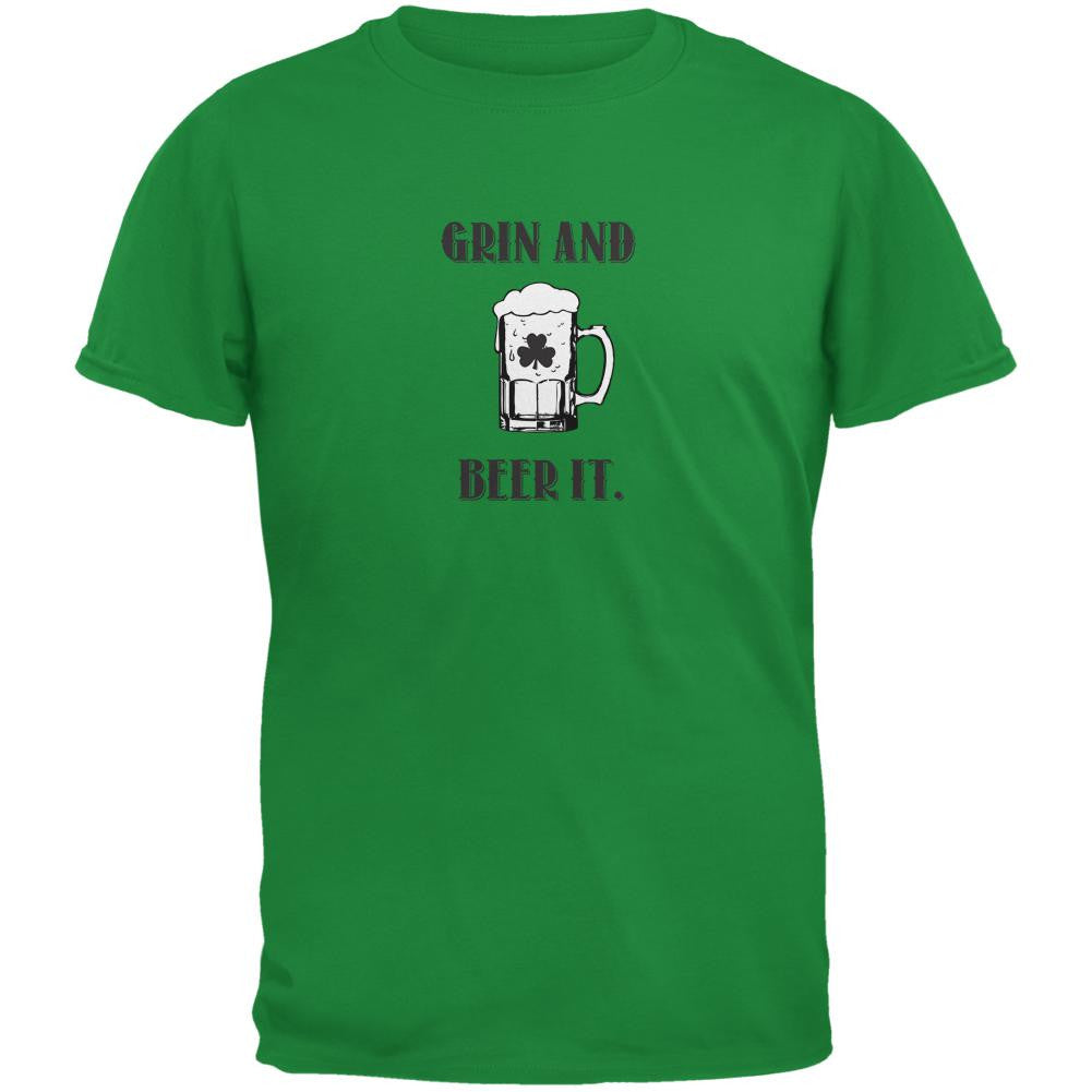 Grin and Beer It Irish Green Adult T-Shirt Men's T-Shirts Old Glory SM Green 