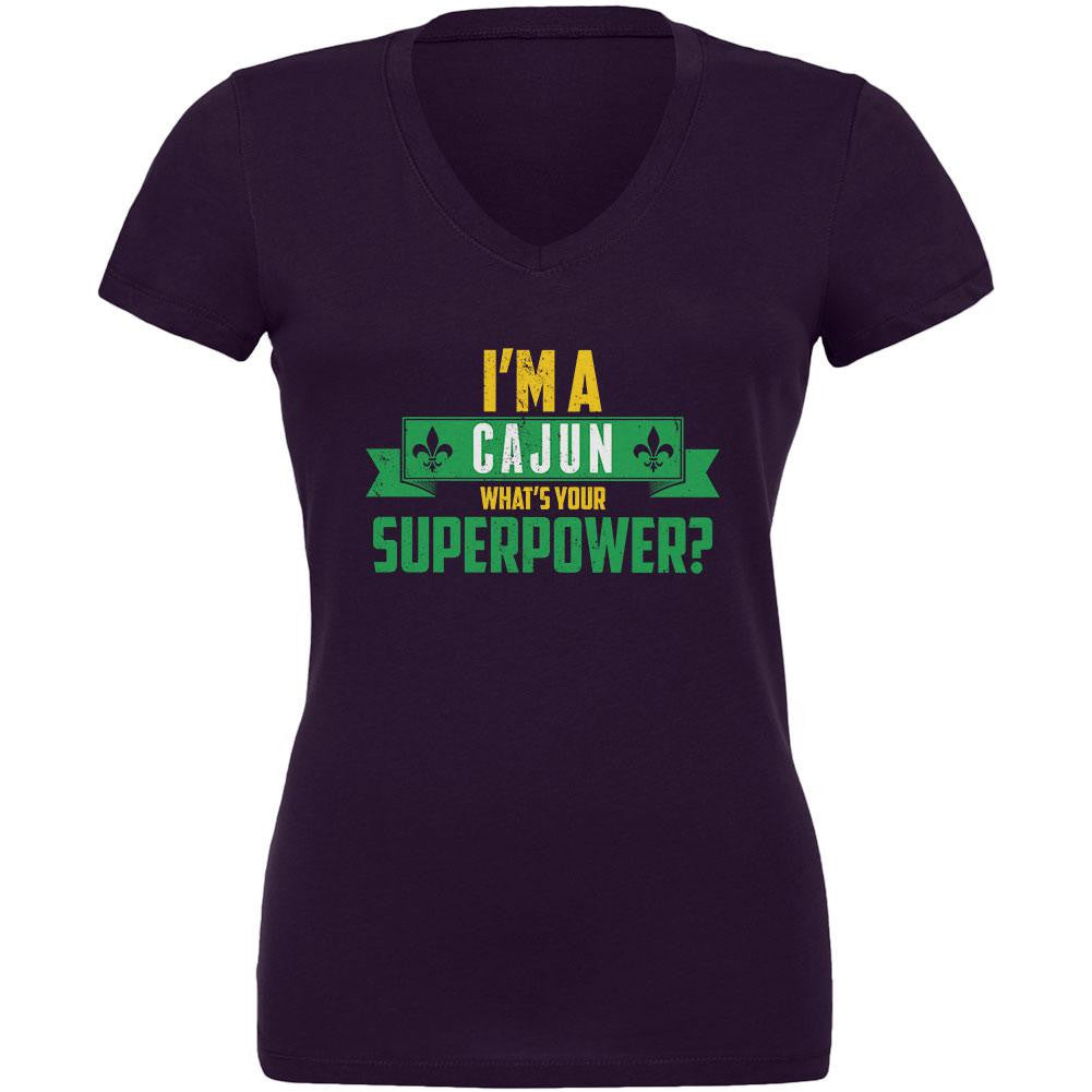 Mardi Gras I'm a Cajun What's Your Superpower Plum Juniors V-Neck T-Shirt Juniors T-Shirts Old Glory 2XL Purple 