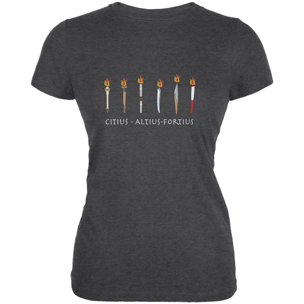 Evolution of the Olympic Torches Dark Heather Juniors Soft T-Shirt Juniors T-Shirts Old Glory 2XL Grey 