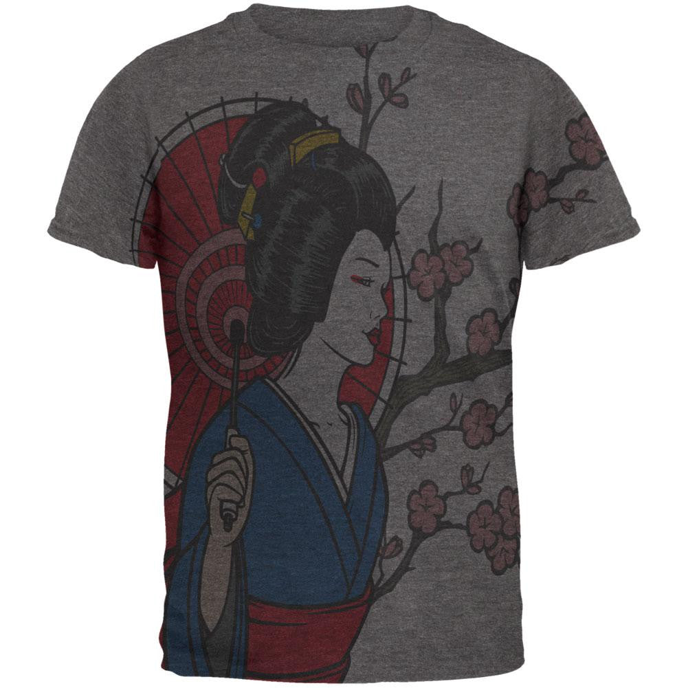 Geisha Blossom All Over Dark Heather Soft Adult T-Shirt Men's T-Shirts Old Glory 2XL Grey 