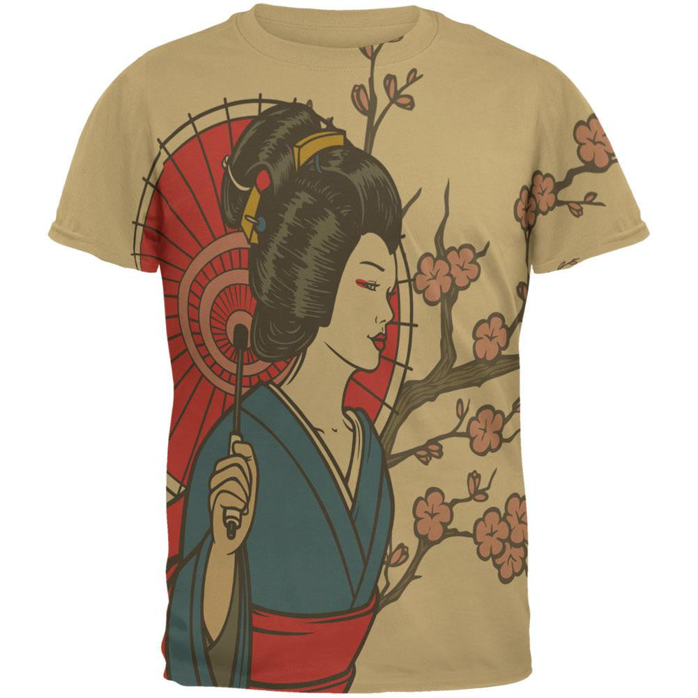 Geisha Blossom All Over Tan Adult T-Shirt Men's T-Shirts Old Glory 2XL Beige 