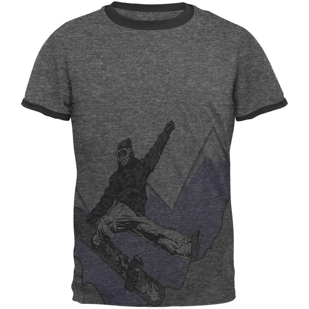 Shred The Gnar Snowboarder All Over Heather-Black Men's Ringer T-Shirt Men's T-Shirts Old Glory 2XL Multi 