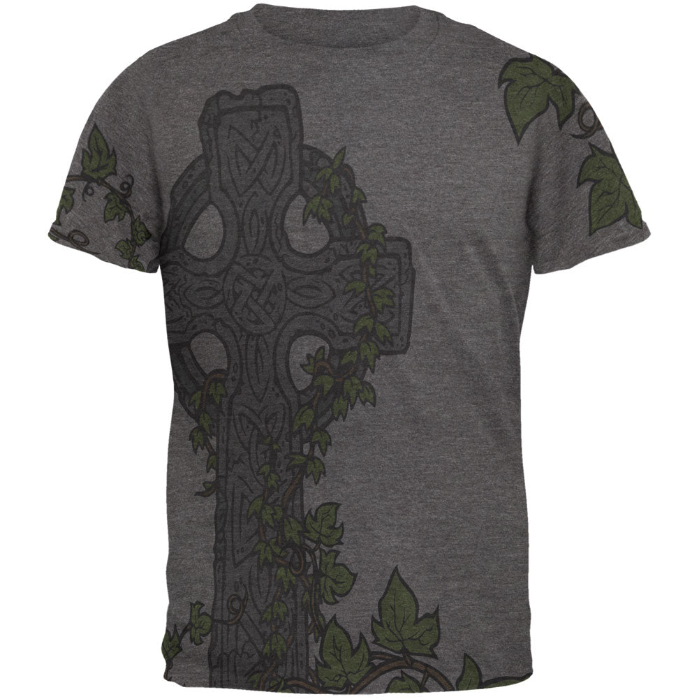 St. Patricks Day Celtic Cross Ivy All Over Charcoal Heather Adult Soft T-Shirt Men's T-Shirts Old Glory 2XL Grey 