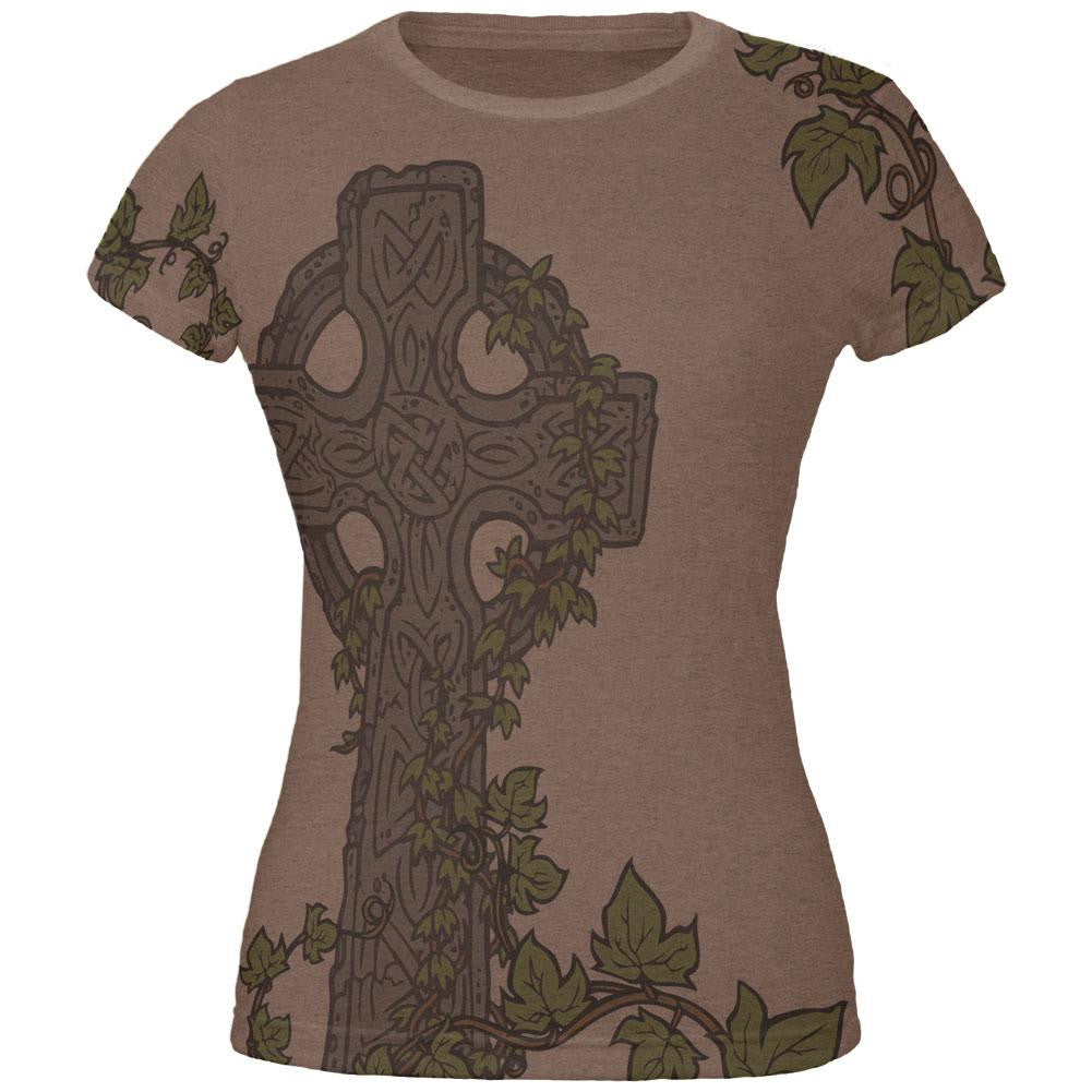 St. Patricks Day Celtic Cross Ivy All Over Heather Brown Juniors Soft T-Shirt Juniors T-Shirts Old Glory SM Brown