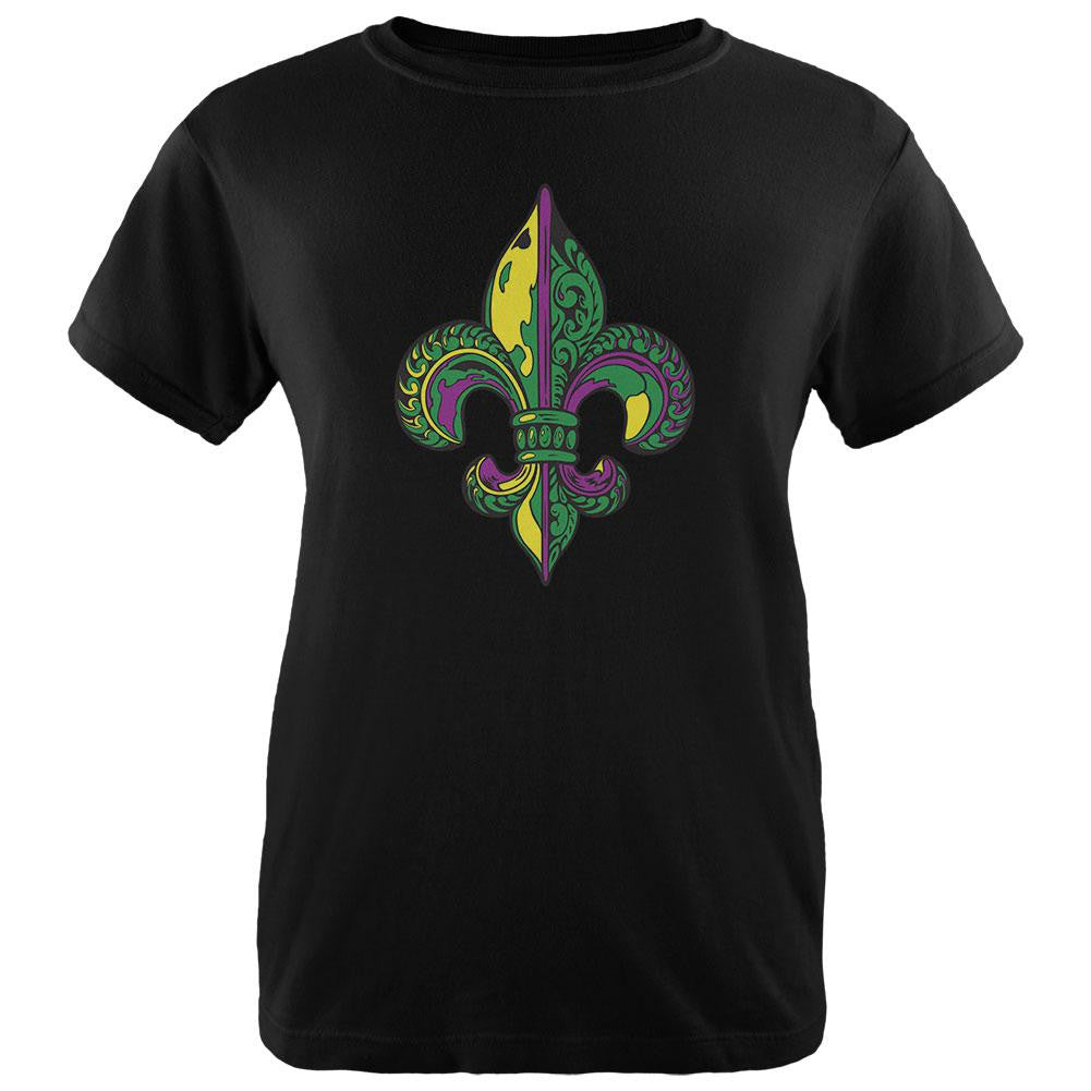 Mardi Gras Ornate Colorful Fleur-de-Lis Black Womens T-Shirt Women's T-Shirts Old Glory LG Black 