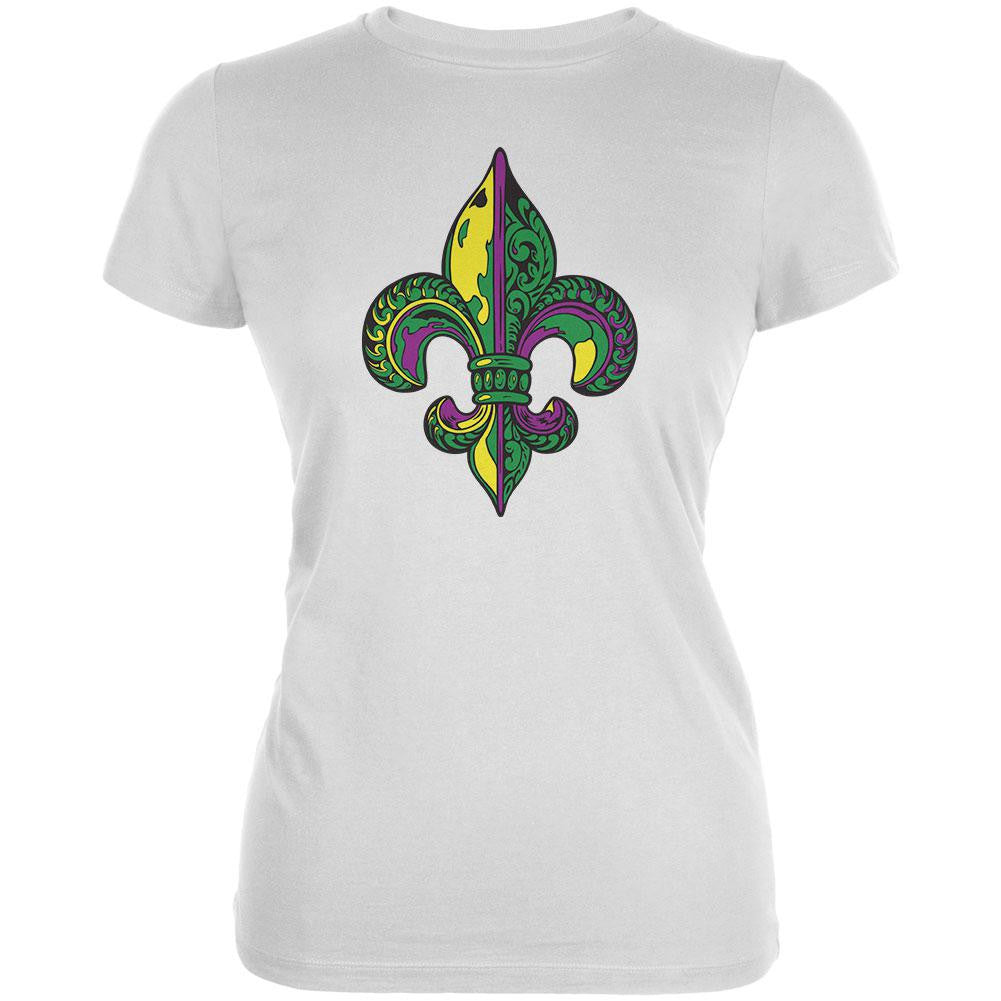 Mardi Gras Ornate Colorful Fleur-de-Lis White Juniors Soft T-Shirt Juniors T-Shirts Old Glory 2XL White 