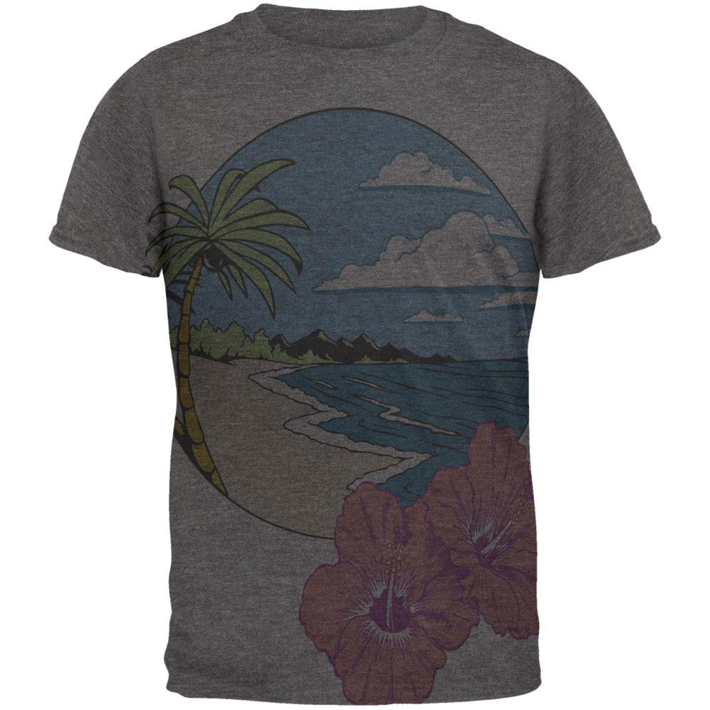 Paradise Hibiscus Blossom All Over Dark Heather Soft Adult T-Shirt Men's T-Shirts Old Glory 2XL Grey 