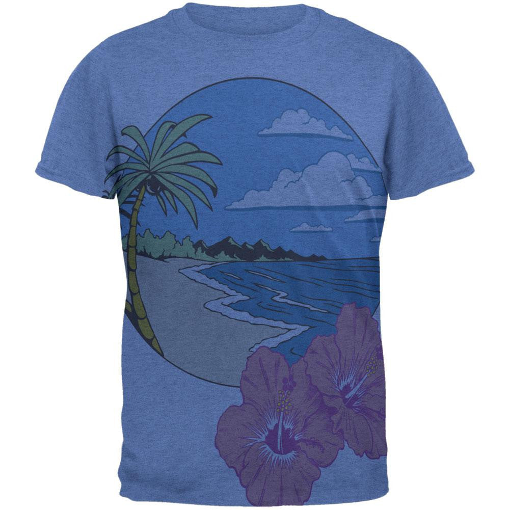 Paradise Hibiscus Blossom All Over Heather Blue Adult T-Shirt Men's T-Shirts Old Glory 2XL Blue 