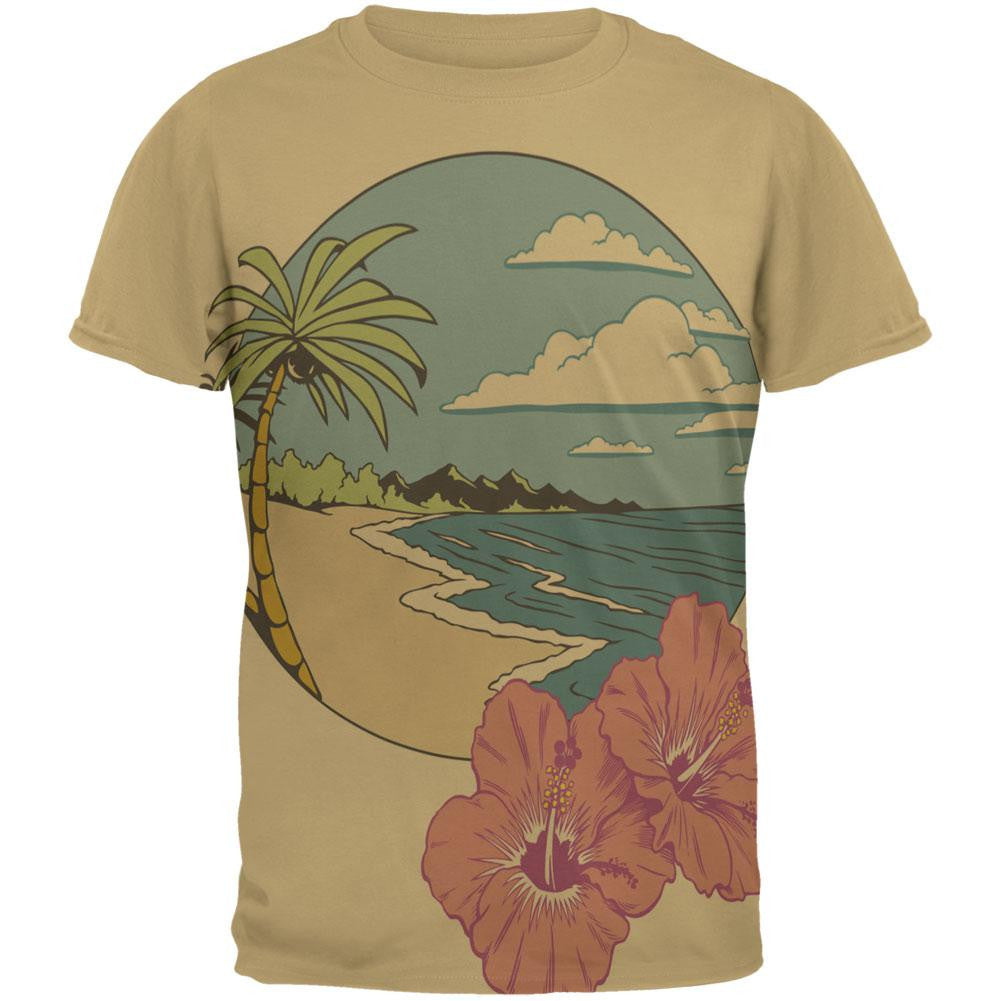 Paradise Hibiscus Blossom All Over Tan Adult T-Shirt Men's T-Shirts Old Glory 2XL Beige 