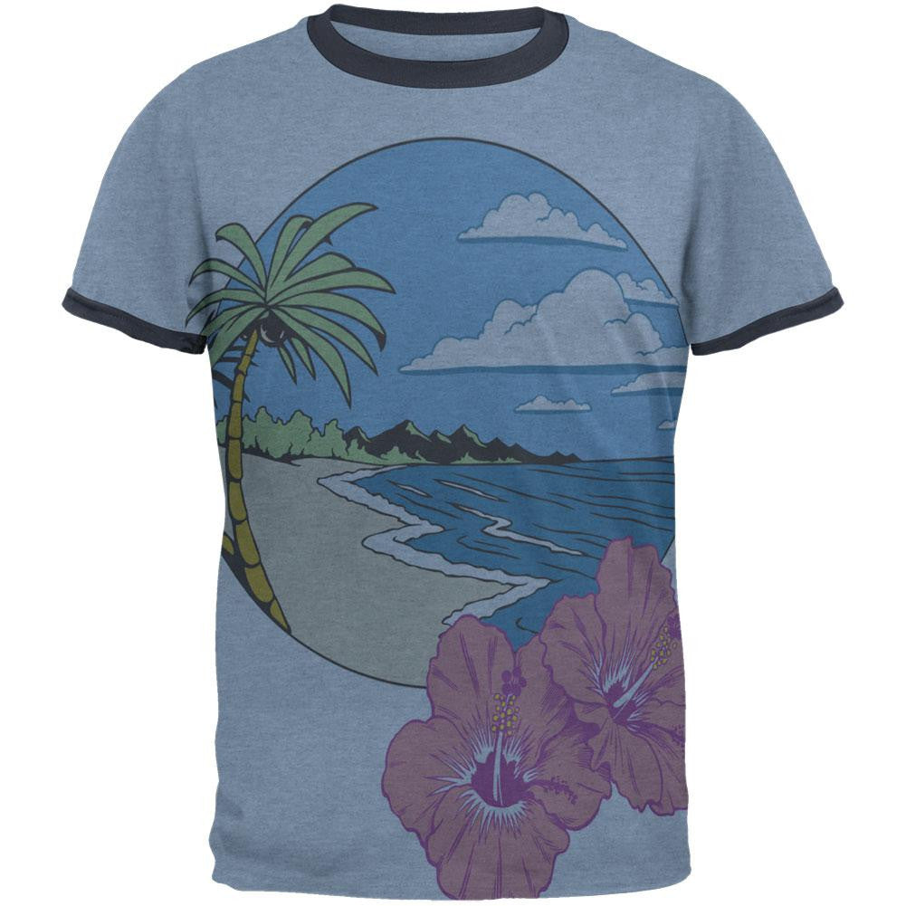 Paradise Hibiscus Blossom All Over Heather Blue-Navy Men's Ringer T-Shirt Men's T-Shirts Old Glory 2XL Multi 
