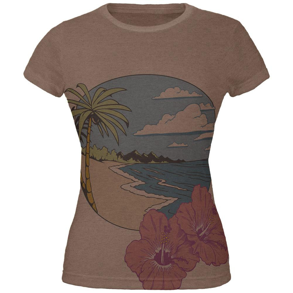 Paradise Hibiscus Blossom All Over Heather Brown Juniors Soft T-Shirt Juniors T-Shirts Old Glory 2XL Brown 