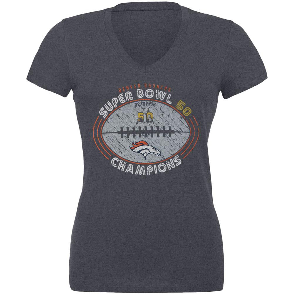 Denver Broncos - Super Bowl 50 Champions Go Long Juniors V-Neck Tri-Blend T-Shirt Juniors T-Shirts Denver Broncos LG Dark Blue