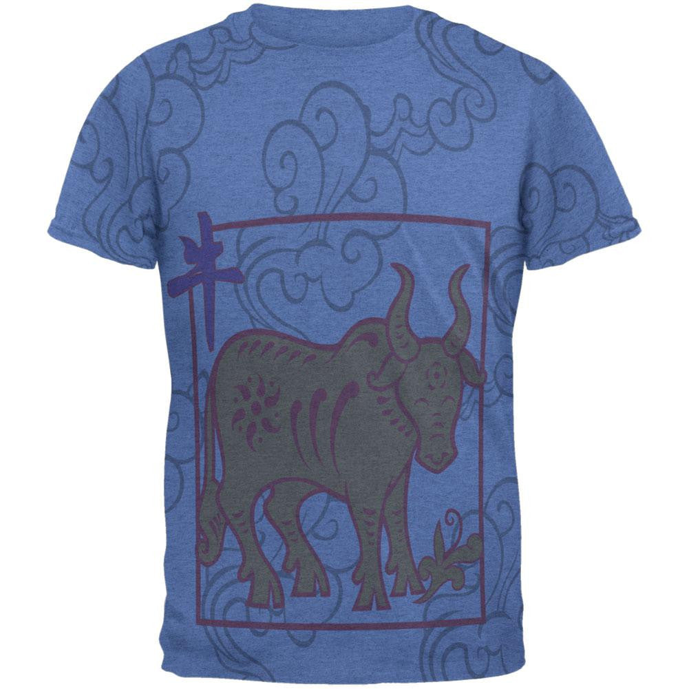 Chinese New Year Ox All Over Heather Blue Adult T-Shirt Men's T-Shirts Old Glory 2XL Blue 