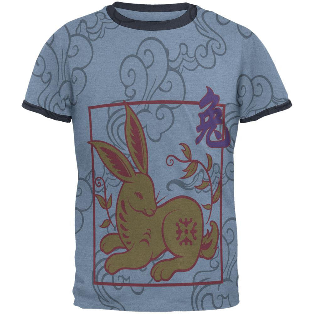 Chinese New Year Rabbit All Over Heather Blue-Navy Men's Ringer T-Shirt Men's T-Shirts Old Glory 2XL Blue 