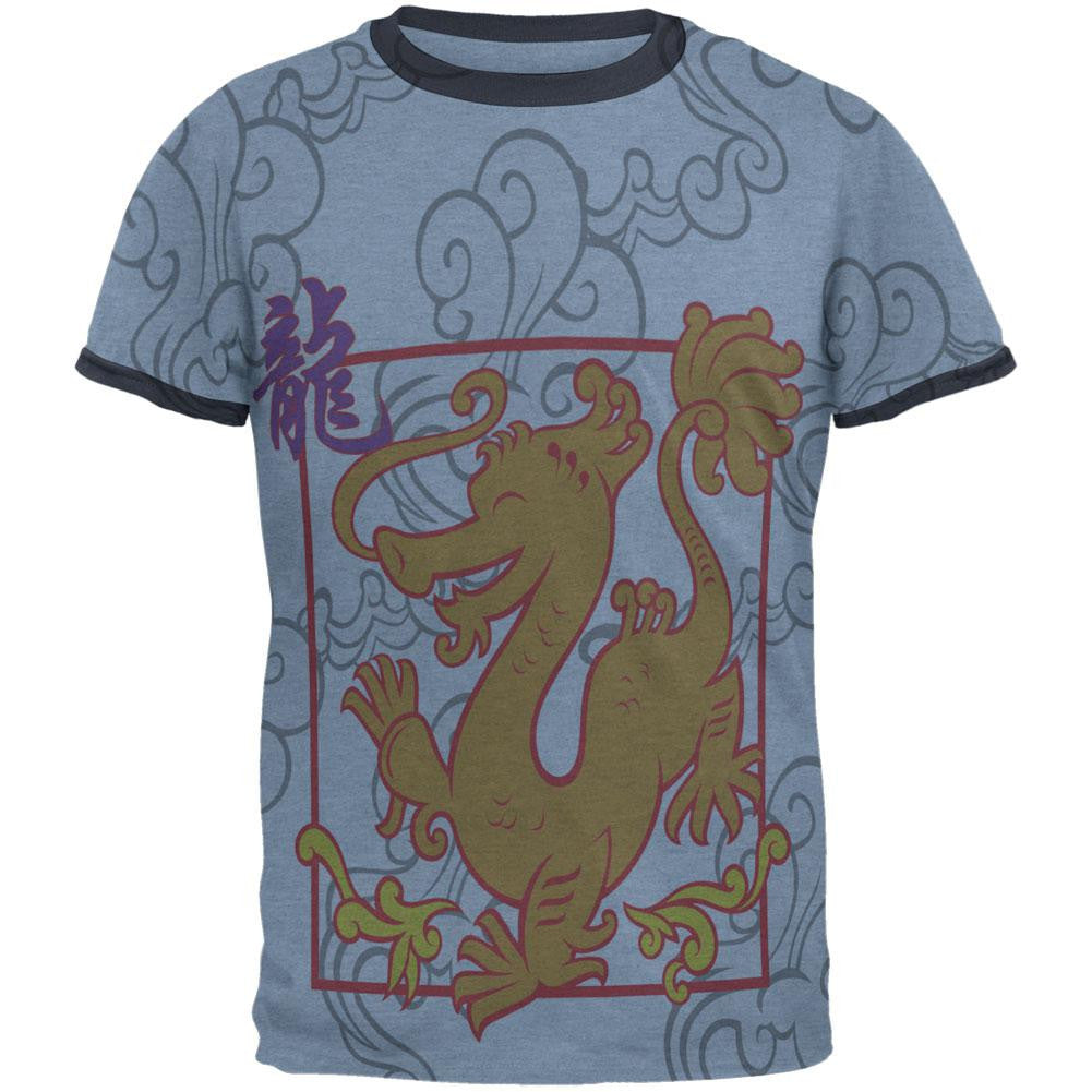 Chinese New Year Dragon All Over Heather Blue-Navy Men's Ringer T-Shirt Men's T-Shirts Old Glory 2XL Blue 