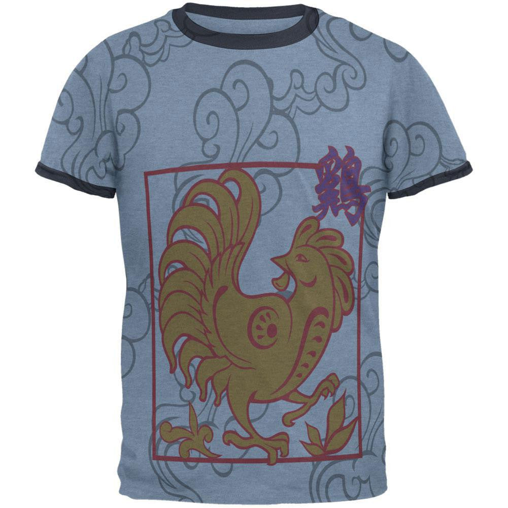 Chinese New Year Rooster All Over Heather Blue-Navy Men's Ringer T-Shirt Men's T-Shirts Old Glory 2XL Multi 