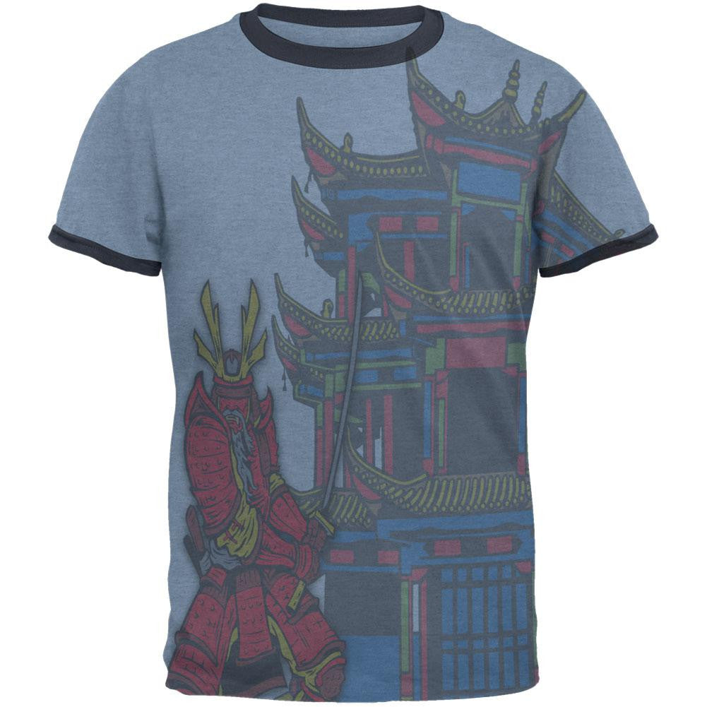 Samurai At The Pagoda All Over Heather Blue-Navy Men's Ringer T-Shirt Men's T-Shirts Old Glory 2XL Blue 