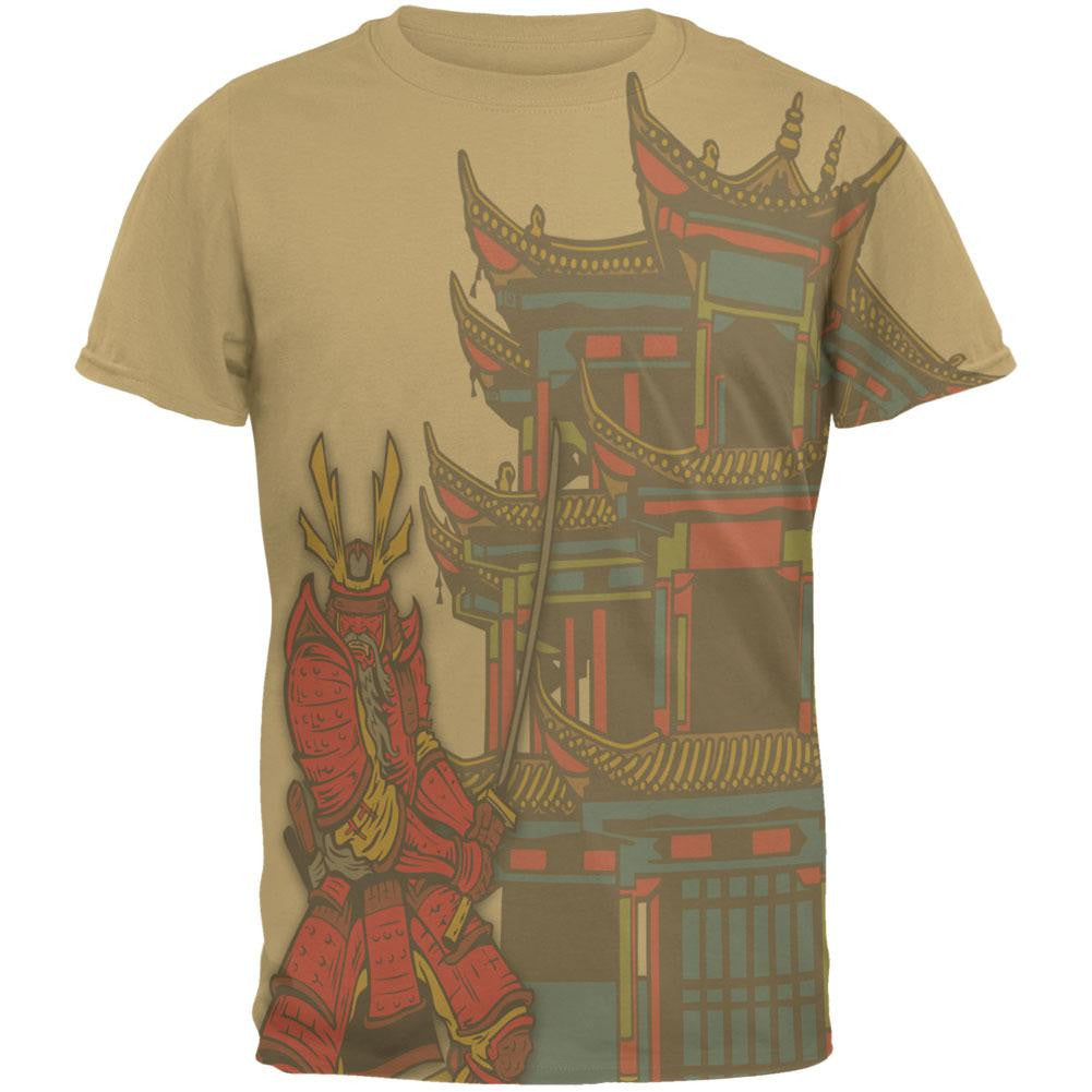 Samurai At The Pagoda All Over Tan Adult T-Shirt Men's T-Shirts Old Glory 2XL Beige 