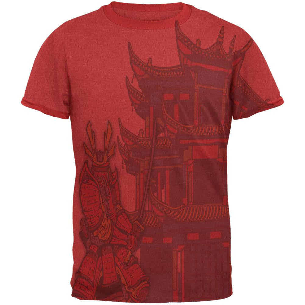 Samurai At The Pagoda All Over Heather Red-Red Men's Ringer T-Shirt Men's T-Shirts Old Glory 2XL Red 