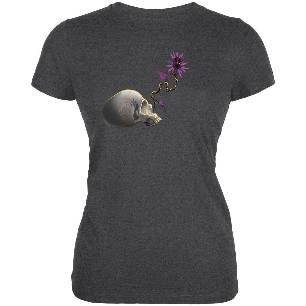 Skull Purple Flower Dark Heather Juniors Soft T-Shirt Juniors T-Shirts Old Glory 2XL Grey 